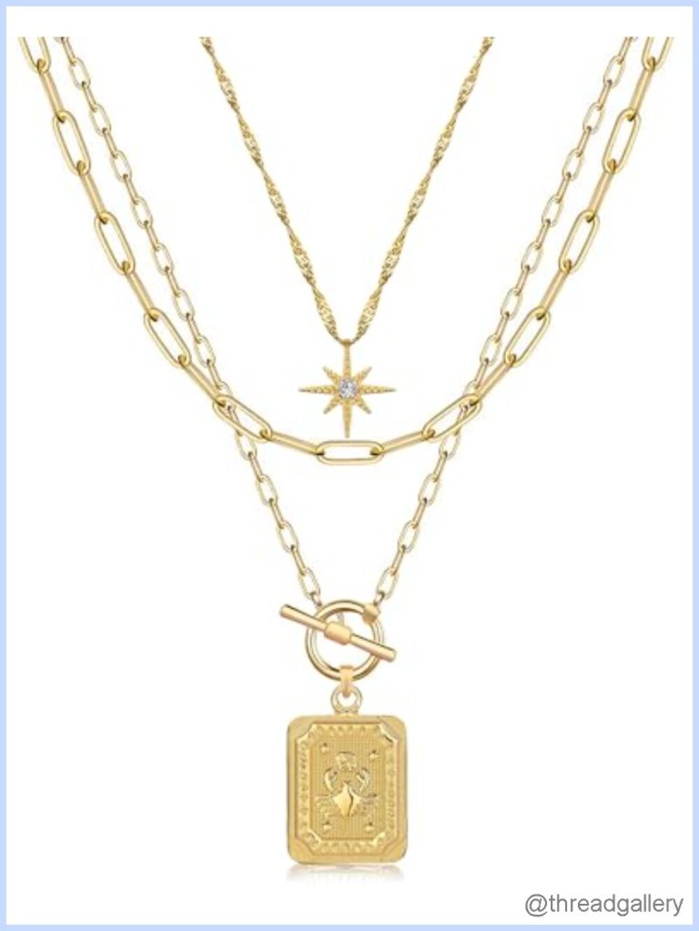 14K Gold Plated Layered Necklace Set 3 Paperclip Chains Zodiac Pendant